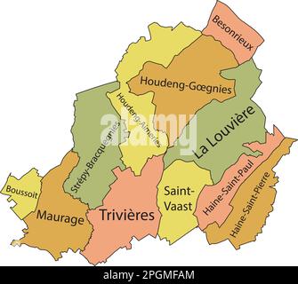 Pastel flat vector administrative map of LA LOUVIÈRE, BELGIUM with name tags and black border lines of its municipalities Stock Vector