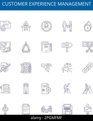 Customer experience management line icons signs set. Design collection of Customer, Experience, Management, Improvement, Engagement, Feedback, Data Stock Vector