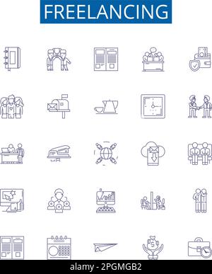 Freelancing line icons signs set. Design collection of Outsourcing, Freelance, Independent contractor, Self employed, Consulting, Online jobs, Remote Stock Vector