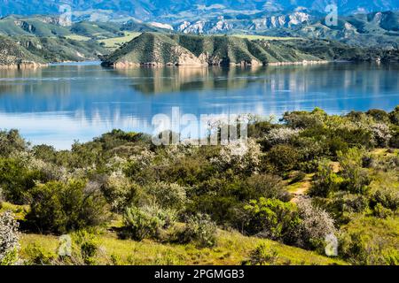 Lake Cachuma from the Bradbury Dam overlook. The Lake is the water supply for the city of Santa Barbara, California. Stock Photo