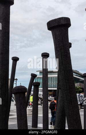 The Grove, by Glen Hayward, an art installation on the waterfront at Wellington, New Zealand. Celebrating Wellington's maritime history. Wood 'nails' Stock Photo