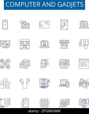 Computer and gadjets line icons signs set. Design collection of Hardware, Software, Networking, Laptops, Monitors, Printers, Scanners, Routers outline Stock Vector