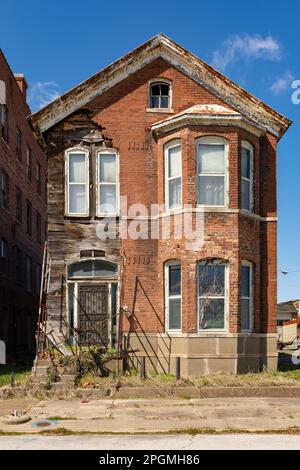 Old abandoned derelict house with missing bricks.  Cairo, Illinois, USA. Stock Photo