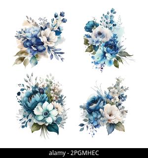 Classic blue, white rose, white hydrangea, ranunculus, anemone, thistle flowers, vector bouquets. Isolated and editable Stock Vector