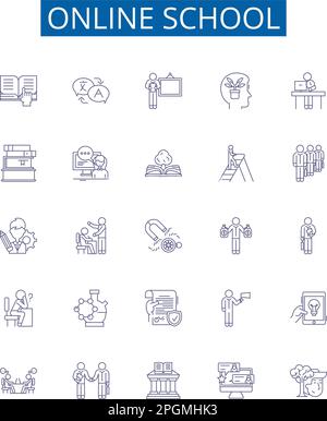 Online school line icons signs set. Design collection of E learning, Virtual, Online, Academy, Classes, Tutoring, Courses, Instruction outline concept Stock Vector