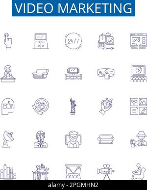 Video marketing line icons signs set. Design collection of video, marketing, production, advertising, strategy, YouTube, campaign, promotion outline Stock Vector