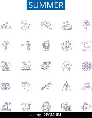Summer line icons signs set. Design collection of Sun, Heat, Vacation, Pool, Beach, BBQ, Insects, Citrus outline concept vector illustrations Stock Vector