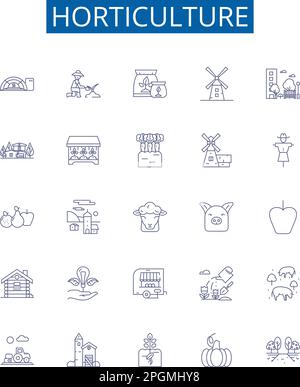 Horticulture line icons signs set. Design collection of Gardening, Nursery, Agronomy, Botany, Crops, Floriculture, Plants, Trees outline concept Stock Vector