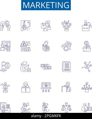 Marketing line icons signs set. Design collection of Advertising, Promotion, Selling, Branding, Publicity, Positioning, Communication, Targeting Stock Vector