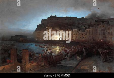 Achenbach Oswald - Fireworks in Naples - German School - 19th and Early 20th Century - Achenbach Oswald - Fireworks in Naples - German School - 19th and Early 20th Century Stock Photo