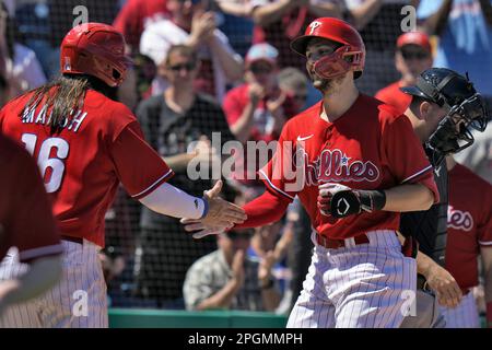 Philadelphia Phillies' Brandon Marsh shakes his head after pouring