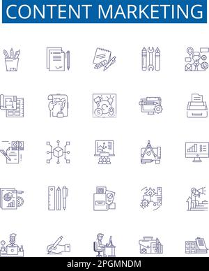 Content marketing line icons signs set. Design collection of Content, Marketing, Strategy, Distribution, Audience, Writing, SEO, Social outline Stock Vector