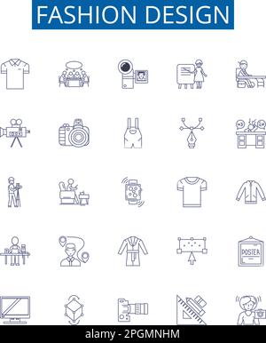 Fashion design line icons signs set. Design collection of Fashion, Design, Garment, Apparel, Style, Clothing, Trend, Textile outline concept vector Stock Vector