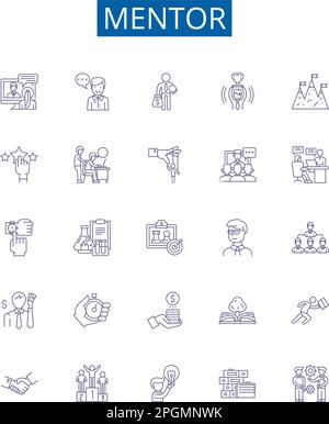 Mentor line icons signs set. Design collection of mentor, guidance, advice, experience, knowledge, wisdom, support, encouragement outline concept Stock Vector