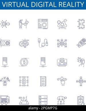 Virtual digital reality line icons signs set. Design collection of virtual, digital, reality, technology, immersive, experience, environment Stock Vector