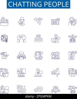 Chatting people line icons signs set. Design collection of Conversing, Chatting, Connecting, Interacting, Gossiping, Messaging, Exchanging Stock Vector