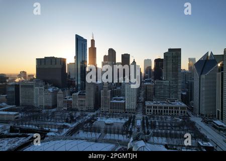 Aerial view of Chicago at night, showcasing the illuminated skyline of the city's towering skyscrapers Stock Photo