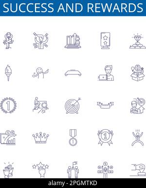Success and rewards line icons signs set. Design collection of Achievement, Triumph, Honor, Profit, Riches, Gain, Prudence, Merit outline concept Stock Vector
