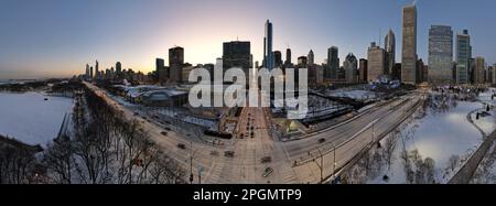 Aerial view of Chicago at night, showcasing the illuminated skyline of the city's towering skyscrapers Stock Photo