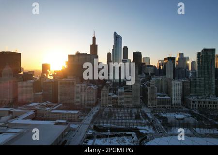 Aerial view of Chicago at night, showcasing the illuminated skyline of the city's towering skyscrapers Stock Photo