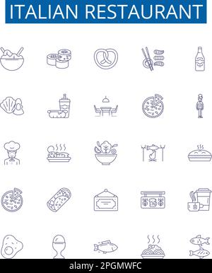 Italian restaurant line icons signs set. Design collection of Italian, restaurant, cuisine, pasta, pizza, bread, garlic, basil outline concept vector Stock Vector