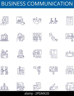 Business communication line icons signs set. Design collection of Networking, Strategies, Negotiation, Reports, Presentations, Courses, Quality Stock Vector
