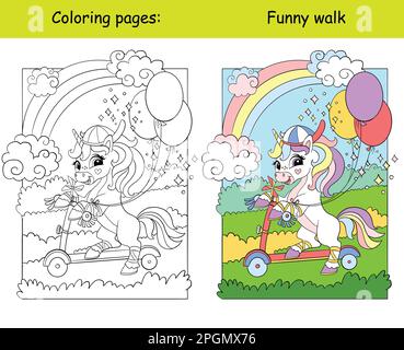 Cool cute little unicorn rolling on a scooter. Cartoon vector illustration. Kids coloring book page with color template. For coloring, education, prin Stock Vector