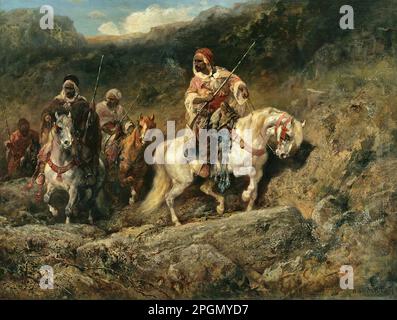 Schreyer Adolf - Arab Horsemen in a Mountainous Landscape - German School - 19th and Early 20th Century - Schreyer Adolf - Arab Horsemen in a Mountainous Landscape - German School - 19th and Early 20th Century Stock Photo