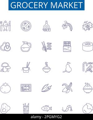 Grocery market line icons signs set. Design collection of Groceries, Market, Supermarket, Shopping, Fruits, Vegetables, Dairy, Staples outline concept Stock Vector