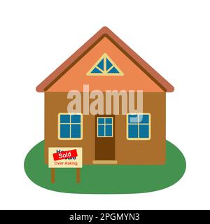 A house with a sign sold over asking. Illustration, clip art isolated on white background. Housing affordability problem and inflation concept. Stock Photo