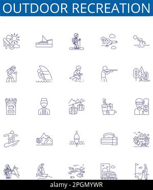 Outdoor recreation line icons signs set. Design collection of Hiking, Camping, Fishing, Kayaking, Boating, Cycling, Climbing, Hunting outline concept Stock Vector