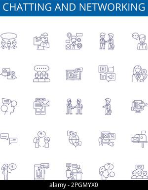 Chatting and networking line icons signs set. Design collection of Chatting, Networking, Messaging, Socializing, Communicating, Connecting Stock Vector