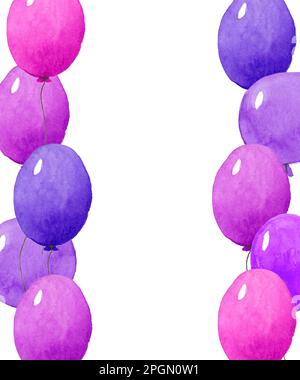 Frame purple, violet of watercolor balloons isolated on a white background. Hand-painted watercolor illustration. Postcard for wedding, holiday design Stock Photo