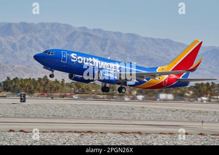 Palm Springs, California, USA. 9th Feb, 2023. A Southwest Airlines Boeing 737 Max taking off in Palm Springs (Credit Image: © Ian L. Sitren/ZUMA Press Wire) EDITORIAL USAGE ONLY! Not for Commercial USAGE! Stock Photo