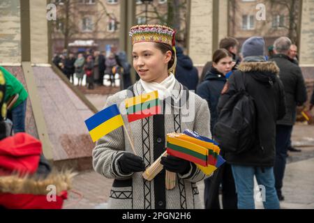 Vilnius  Lithuania - March 11 2023: Pretty Lithuanian girl in traditional costume with Lithuanian and Ukrainian flags during a ceremony Stock Photo