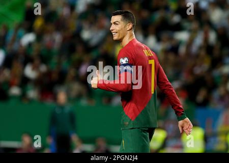 Lisbon, Portugal. 23rd Mar, 2023. Cristiano Ronaldo of Portugal celebrates  after scoring a goal during the UEFA Euro 2024 qualifying round group J  match between Portugal and Liechtenstein at Estadio Jose Alvalade.