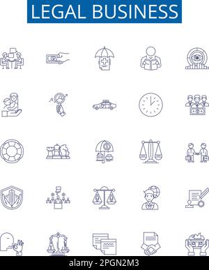 Legal business line icons signs set. Design collection of Law, Business, Legal, Regulation, Contract, Court, Agreement, Litigation outline concept Stock Vector