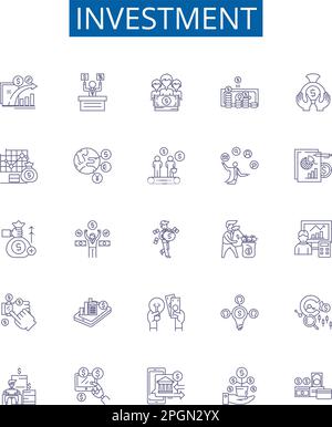 Investment line icons signs set. Design collection of Funding, Saving, Capital, Deposits, Stocks, Equity, Resources, Bonds outline concept vector Stock Vector