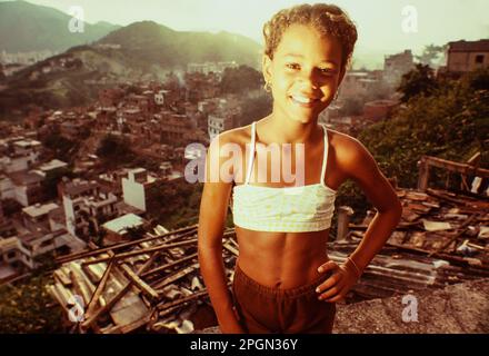 Portrait of 12-years old black girl at Morro da Mangueira, Rio de Janeiro favela, Brazil. Stock Photo