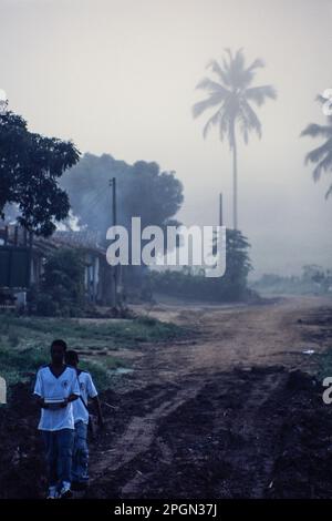 Education, students go to rural school early in the morning by crossing muddy roads in the rural area of Palmares city in Pernambuco State, Brazil. Stock Photo