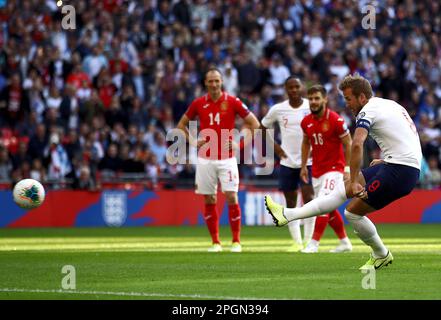 File photo dated 07-09-2019 of England's Harry Kane celebrating his twenty-fourth international goal against Bulgaria. Harry Kane has broken Wayne Rooney's England scoring record with his 54th goal, netting from the penalty spot in the European Championship qualifying match against Italy in Naples. Issue date: Thursday March 23, 2023. Stock Photo