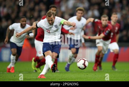 File photo dated 22-03-2019 of England's Harry Kane scores his twenty-first international goal against Czech Republic.Harry Kane has broken Wayne Rooney's England scoring record with his 54th goal, netting from the penalty spot in the European Championship qualifying match against Italy in Naples. Issue date: Thursday March 23, 2023. Stock Photo