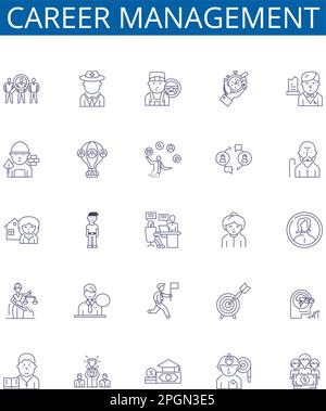 Career management line icons signs set. Design collection of Coaching, Planning, Networking, Mentoring, Education, Research, Analysis, Goal setting Stock Vector