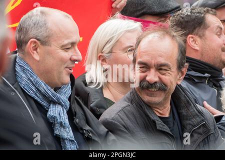Paris, France, 23th March, 2023. Philippe Martinez laughing with Laurent Berger during pension reform march - Jacques Julien/Alamy Live News Stock Photo