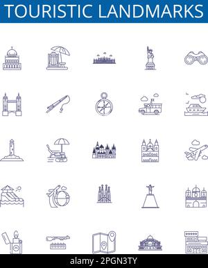 Touristic landmarks line icons signs set. Design collection of Tourist, Landmarks, Monuments, Palaces, Churches, Castles, Ruins, Statues outline Stock Vector