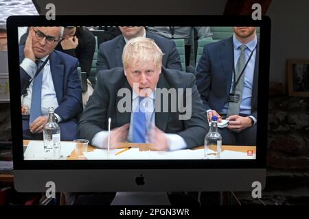 Boris Johnson Partygate computer screen screenshot screengrab House of Commons privileges committee 22 March 2023 London England UK Stock Photo