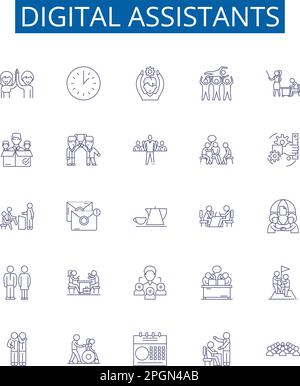 Digital assistants line icons signs set. Design collection of Virtual, Assistants, Digital, Siri, Alexa, Cortana, Bixby, Google outline concept vector Stock Vector