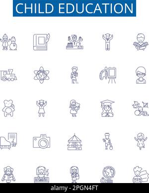 Child education line icons signs set. Design collection of Child, education, kindergarten, preschool, tutor, learning, scholar, instructor outline Stock Vector