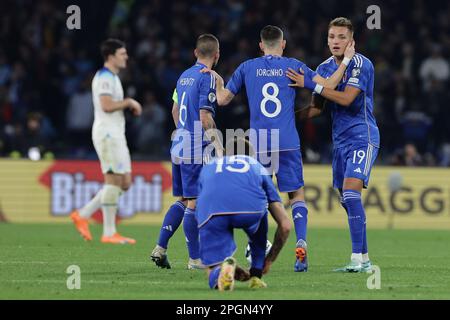 Naples, Italy. 23rd Mar, 2023. Mateo Retegui of Italy celebrates with team mates Jorginho of Italy, Marco Verratti of Italyafter scoring the goal of 1-2 during the UEFA EURO2024 European Championship Qualification Group C football match between Italy and England at Diego Armando Maradona stadium in Napoli (Italy), March 23rd, 2023. Photo Cesare Purini/Insidefoto Credit: Insidefoto di andrea staccioli/Alamy Live News Stock Photo