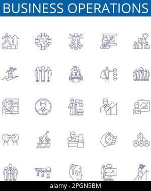 Business operations line icons signs set. Design collection of Commerce, Financing, Marketing, Planning, Consulting, Logistics, Networking, Staffing Stock Vector